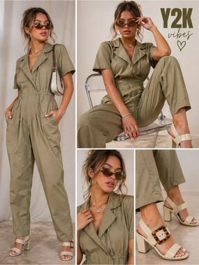 Vintage MIZZ LIZZ  Minimalist Utility  Gorpcore Khaki Pocket Jumpsuit M/L